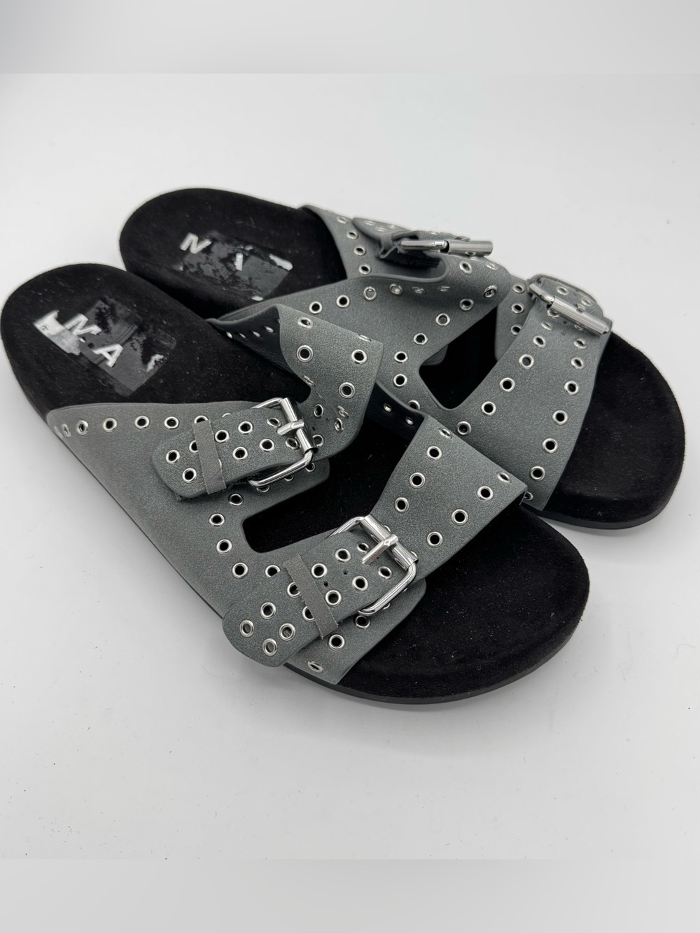 MIA Brooklyn Adjustable Strap Slide Sandals Gray Silver Gromets, Size 9.5